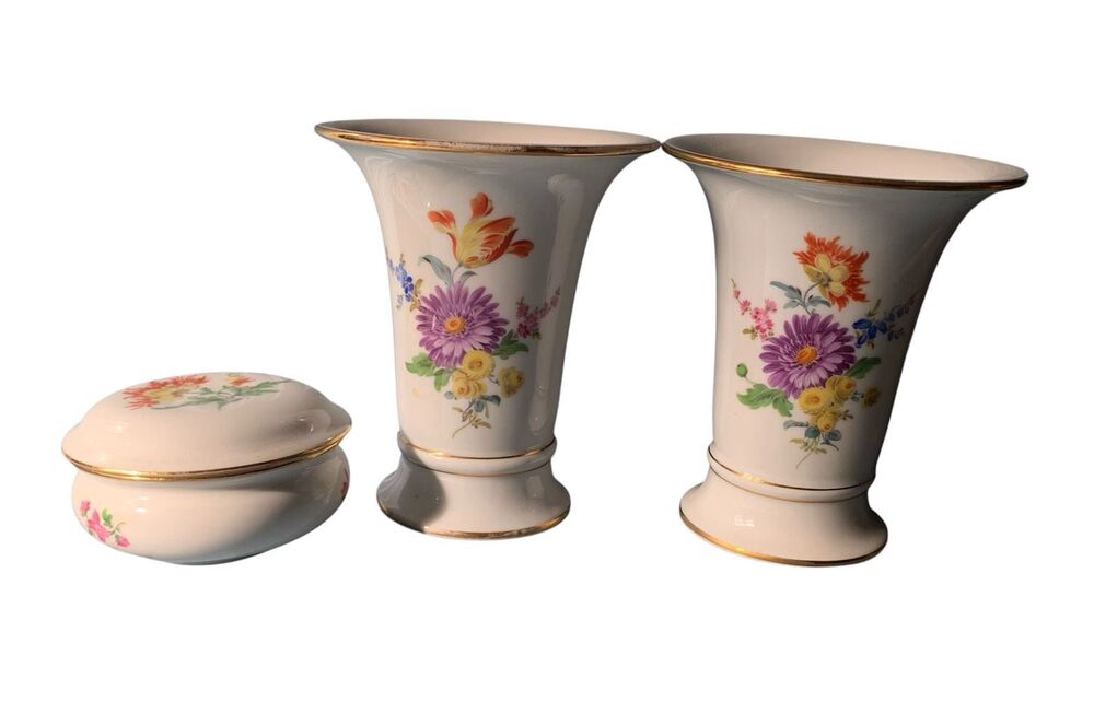 3 piece Meissen Floral Crossed Swords Porcelain VASE & BOX SET VINTAGE ANTIQUE